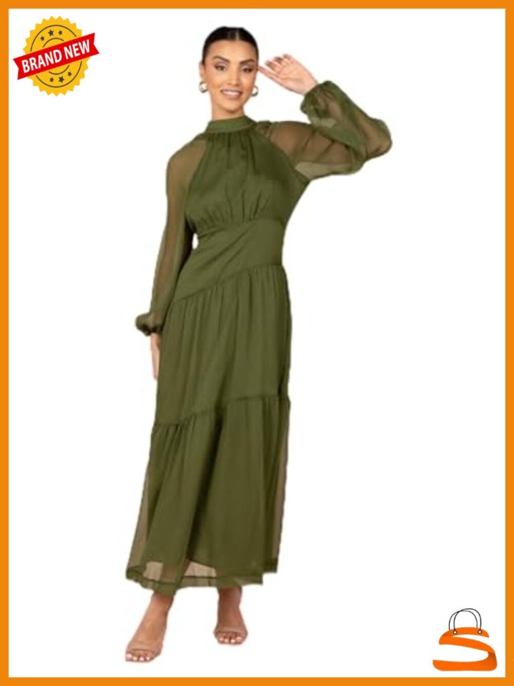 Sheer Long Sleeve High Neck Open Back Maxi Dress